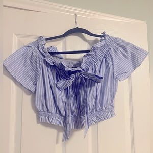 ZARA BASIC COLLECTION Crop Top Ruffle Neck Short Sleeve Blue White Pinstripe.
